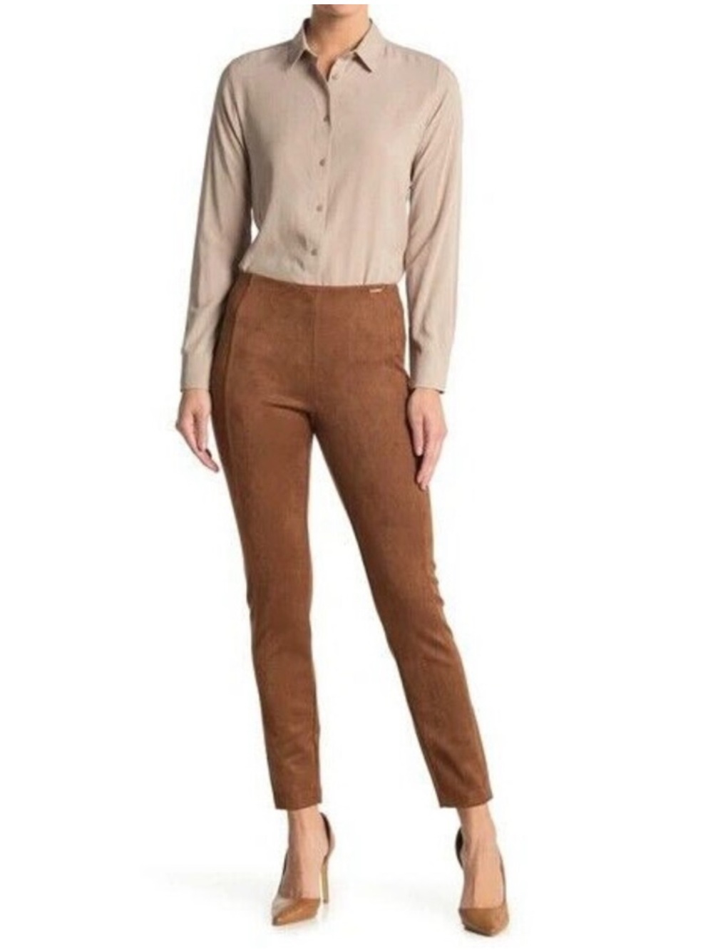NWOT Tahari Cognac Faux-Suede Seamed Pull-On Ankle Pants